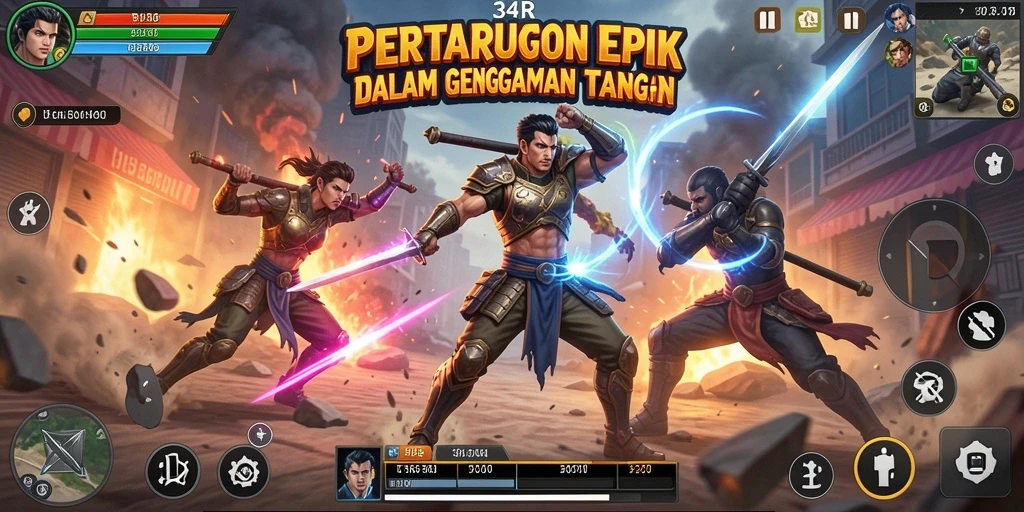Screenshot dari gameplay 34R yang menunjukkan pertarungan yang intens