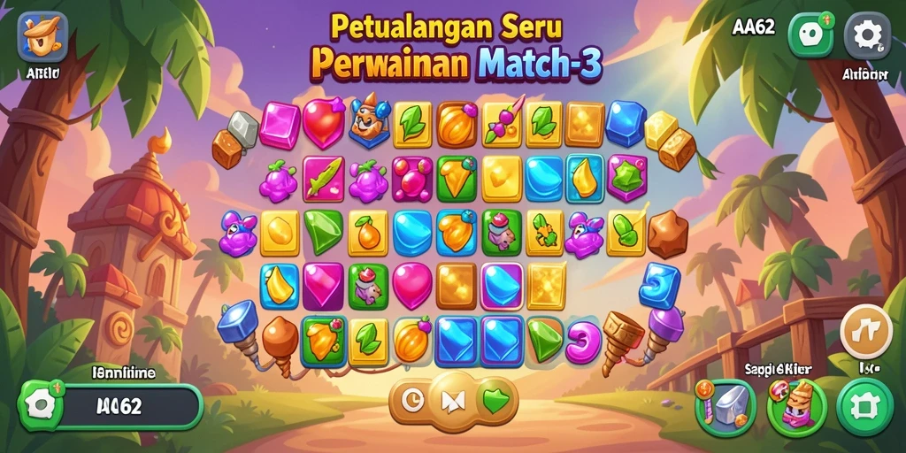 Screenshot gameplay AA62 yang menampilkan aksi permainan seru match-3.