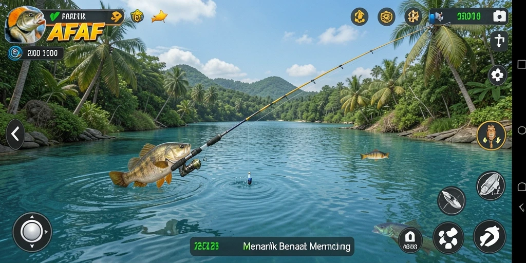 Screenshot gameplay AFAF menunjukkan aksi seru memancing di lokasi indah.