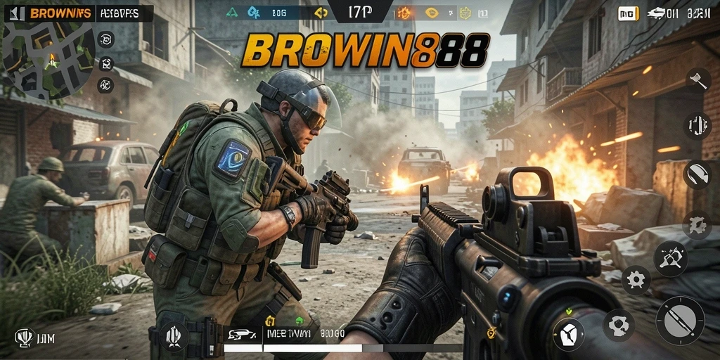 Tampilan seru dari gameplay BROWIN88 dalam pertempuran FPS.