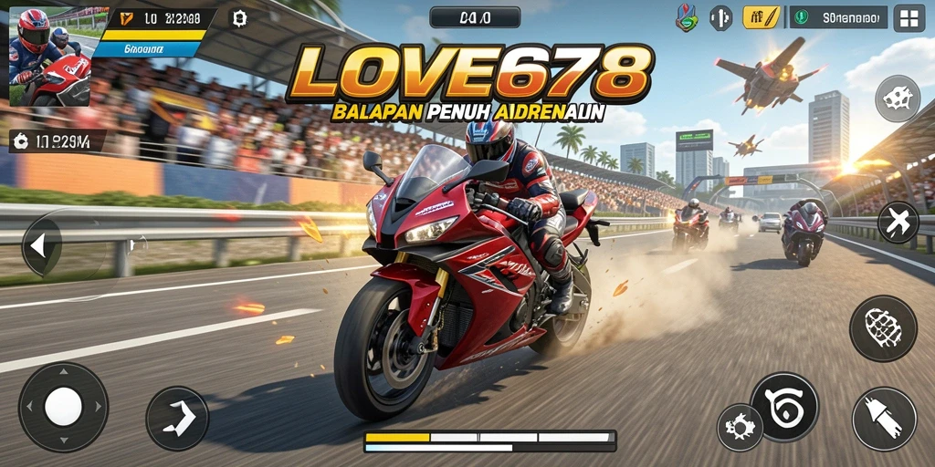 Screenshot utama LOVE678 menampilkan aksi balapan motor yang mendebarkan.