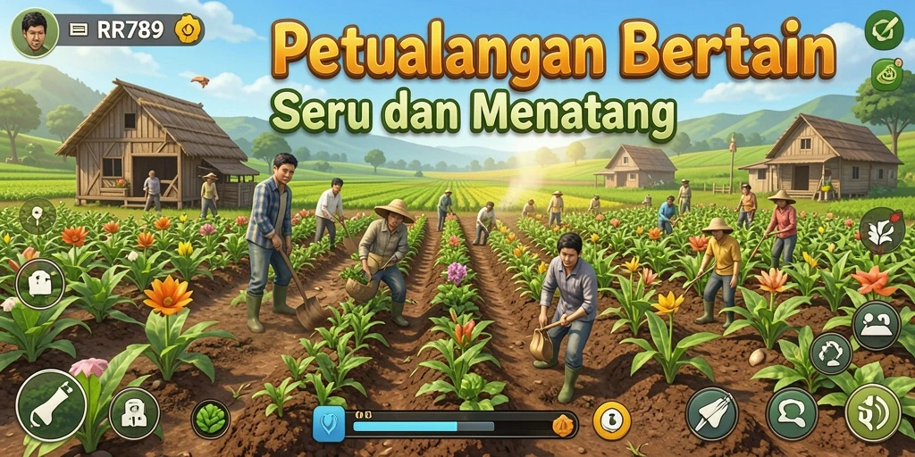 Tangkapan layar gameplay RR789 menampilkan kebun yang hijau dan rimbun.