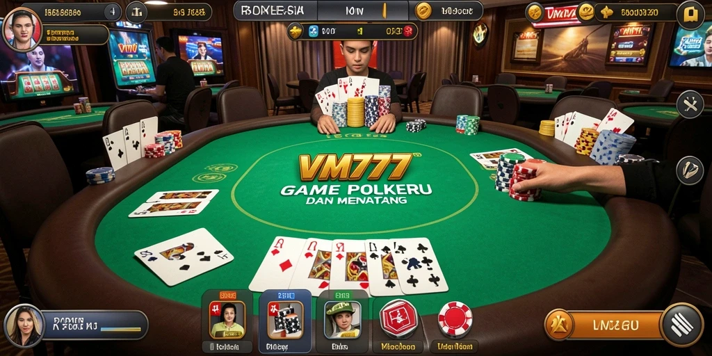 Screenshot VM777 menampilkan permainan Poker yang menegangkan dan interaksi antar pemain.